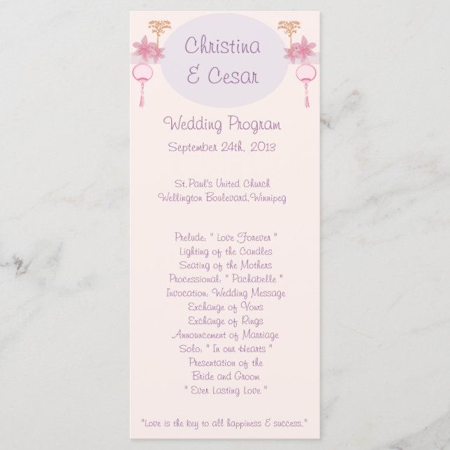 25 4x9 Wedding Program Purple Pink Lantern/Flowers (Front)