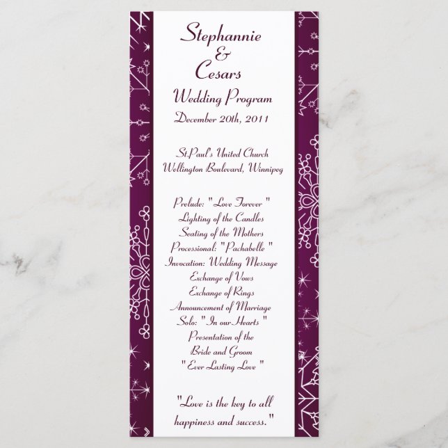 25 4x9 Wedding Program Purple Star and Snowflakes (Front)