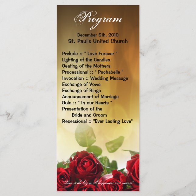 25 4x9 Wedding Program Red Rose Bouquet Bridal (Front)
