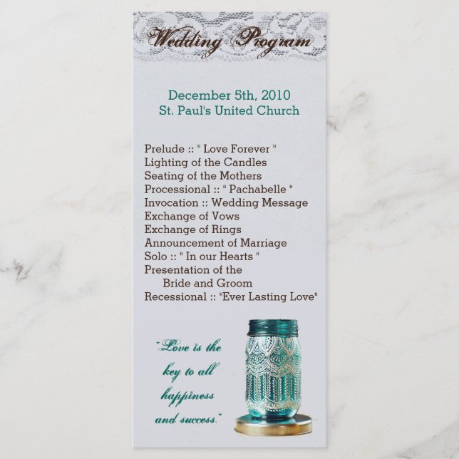25 4x9 Wedding Program Rustic Country Mason Jar (Front)