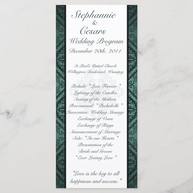 25 4x9 Wedding Program Teal Ornate Damask (Front)