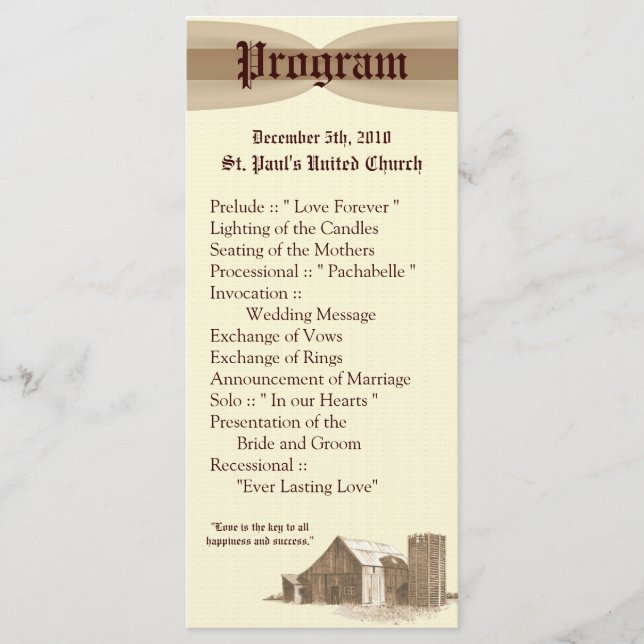 25 4x9 Wedding Program Vintage Country Barn Farm (Front)