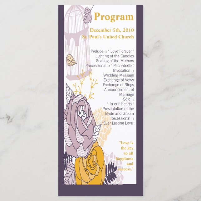 25 4x9 Wedding Program Vintage Plum Mustard Rose (Front)