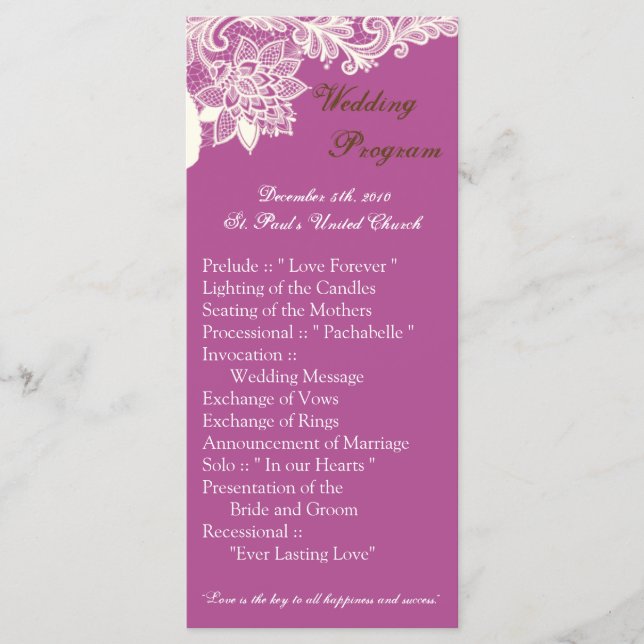 25 4x9 Wedding Program Vintage Victorian Lace Orch (Front)