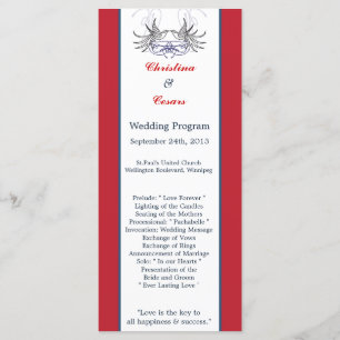 25 4x9 Wedding Program White Dove Red Blue BG Ribb
