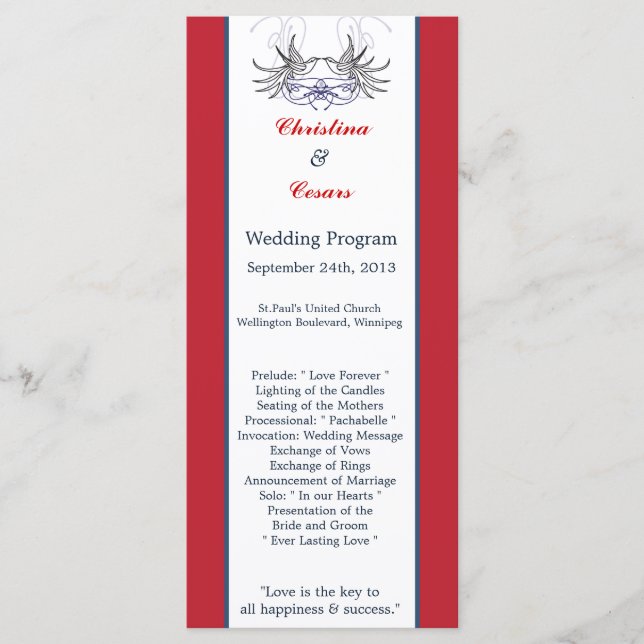 25 4x9 Wedding Program White Dove Red Blue BG Ribb (Front)