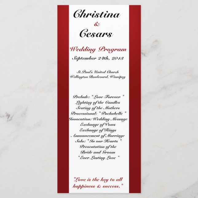 25 4x9 Wedding Program White Tree Red Black Stripe (Front)