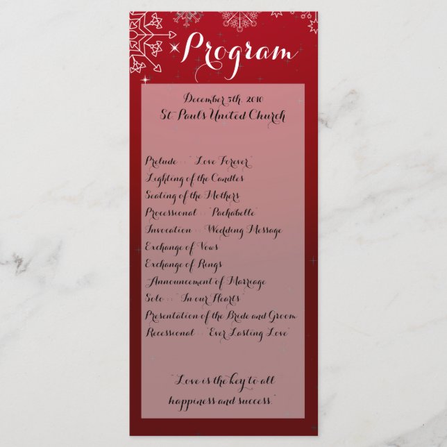 25 4x9 Wedding Program Winter Snowflakes Snow Ice (Front)