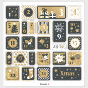 25 Advent Calendar Stickers black gold Christmas
