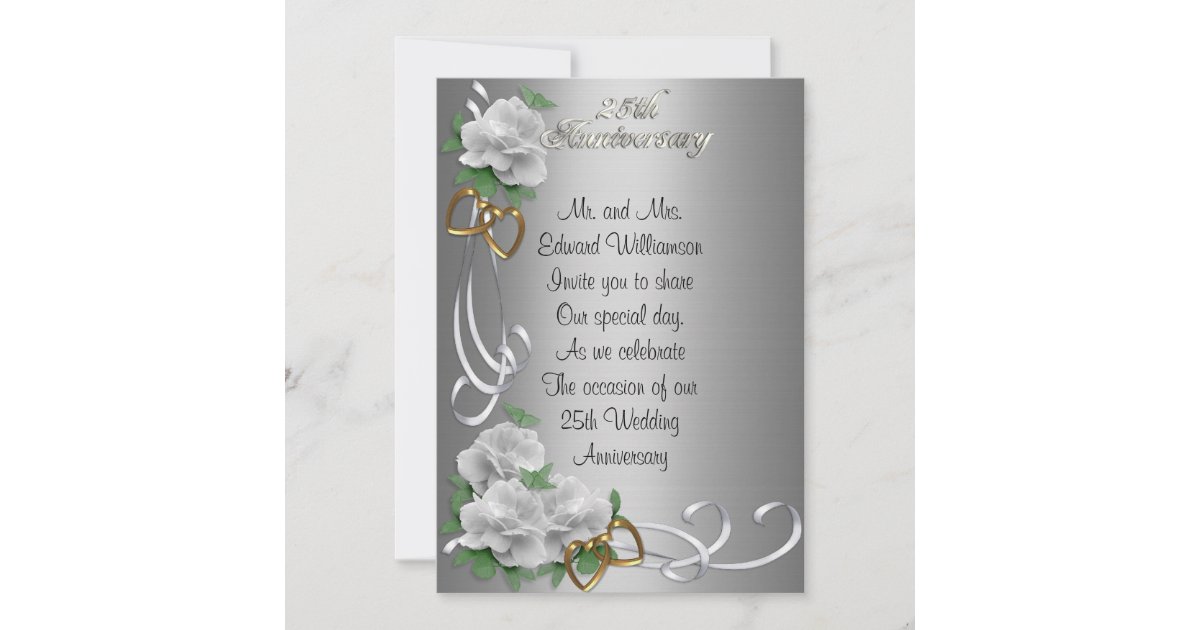 25 Anniversary invitation white roses silver satin | Zazzle