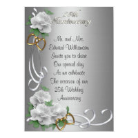 25 Anniversary invitation white roses silver satin