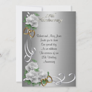 25 Anniversary invitation white roses silver satin