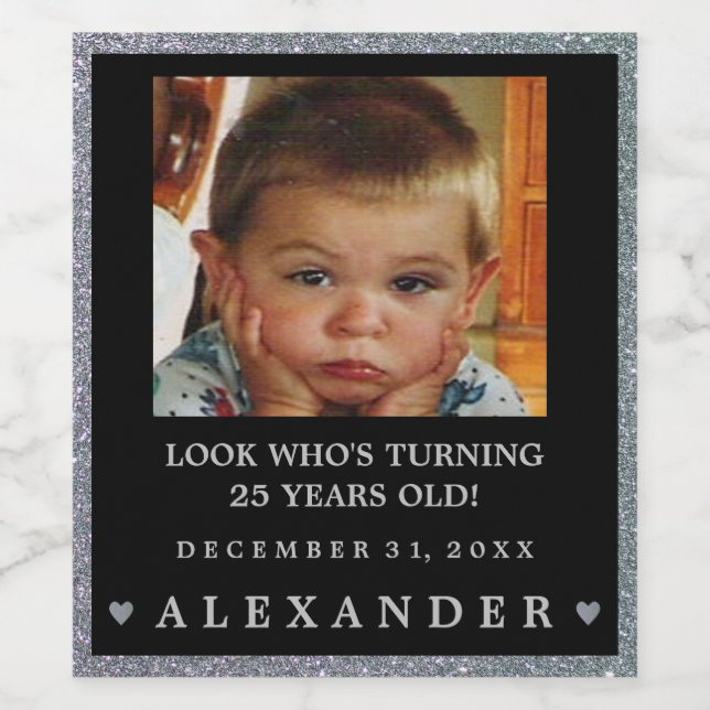 25 Birthday Photo Silver Glitter Look Sparkling Wi Wine Label (Single Label)