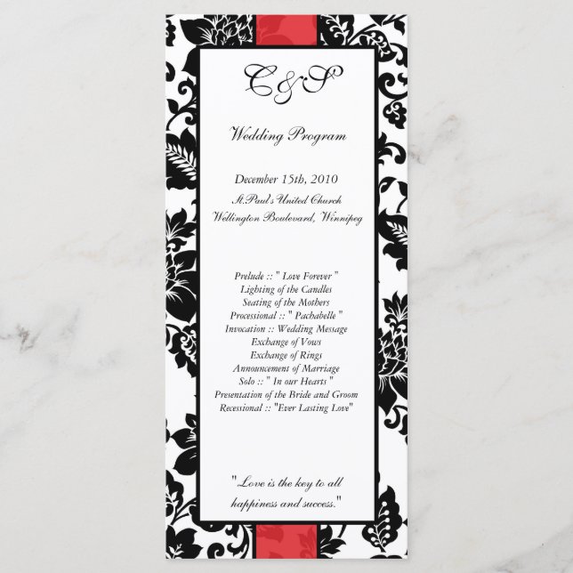 25 Black/Red Floral Damask Wedding Programs (Front)