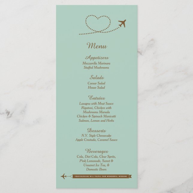 25 Blue Airplane Heart Wedding Menu Cards (Front)