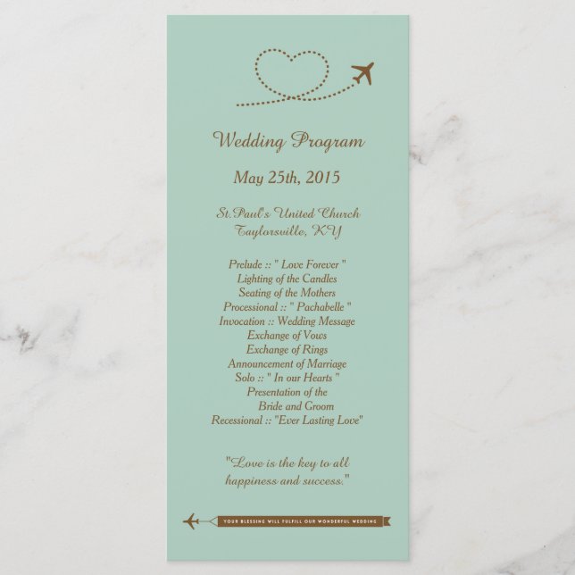 25 Blue Airplane Heart Wedding Programs (Front)