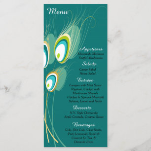 25 Blue Peacock Feather Menu Cards