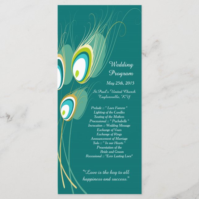 25 Blue Peacock Feather Wedding Programs (Front)