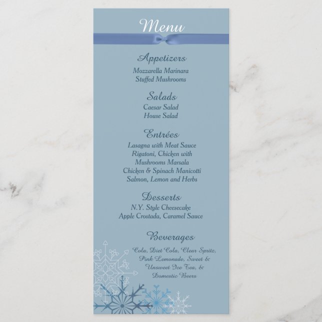 25 Blue Snowflake Winter Menu Cards (Front)