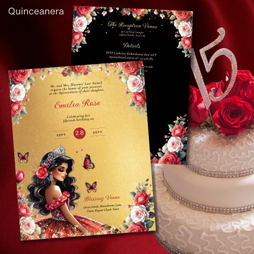 25 BUDGET Red Black Quinceanera Dress Floral Paper