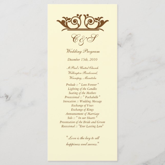 25 Elegant Ivory/Brown Wedding Programs (Front)