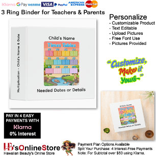 25 Learn Multiplication Child's Name Date Teacher  3 Ring Binder