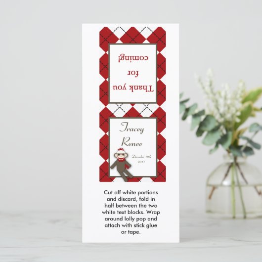 25 Lollipop Topper Red Sock Monkey Argyle (Standing Front)