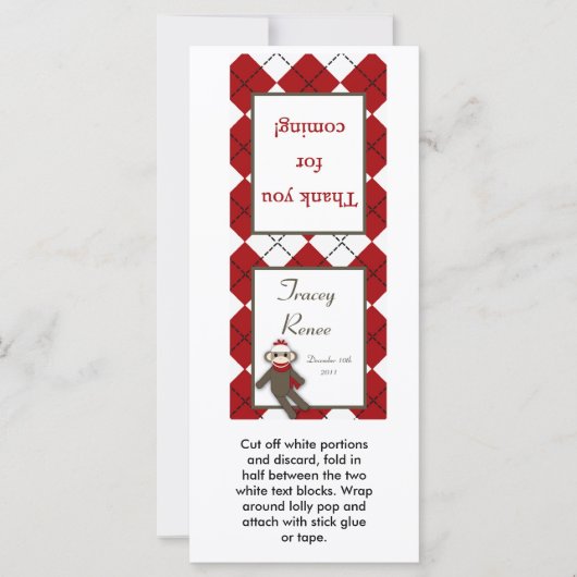 25 Lollipop Topper Red Sock Monkey Argyle (Front)