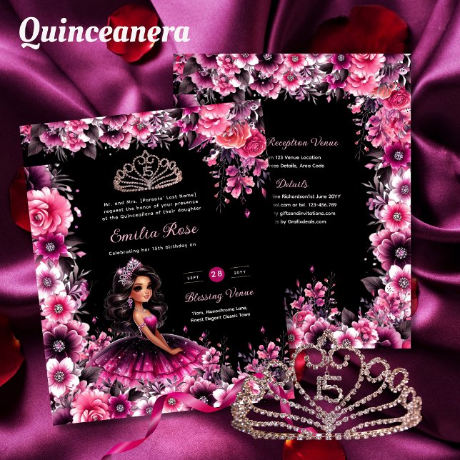 25 Magenta Pink Quinceanera Dress Floral Paper (Creator Uploaded)