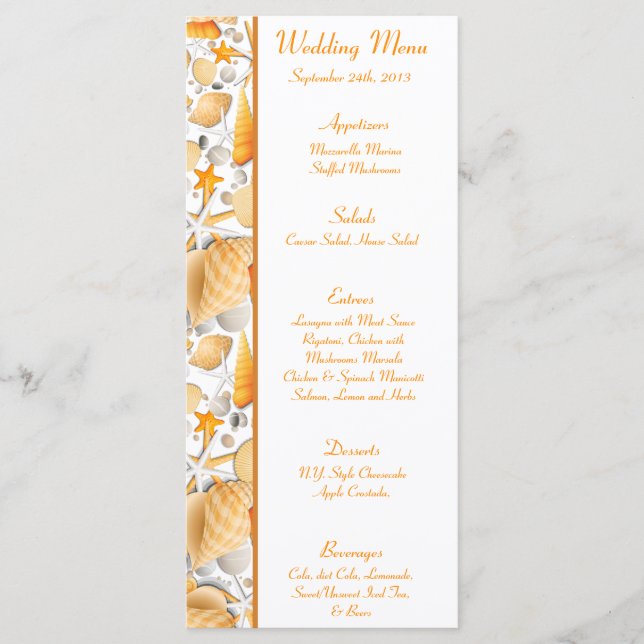 25 Menu Cards Assorted Seashells Orange (Front)