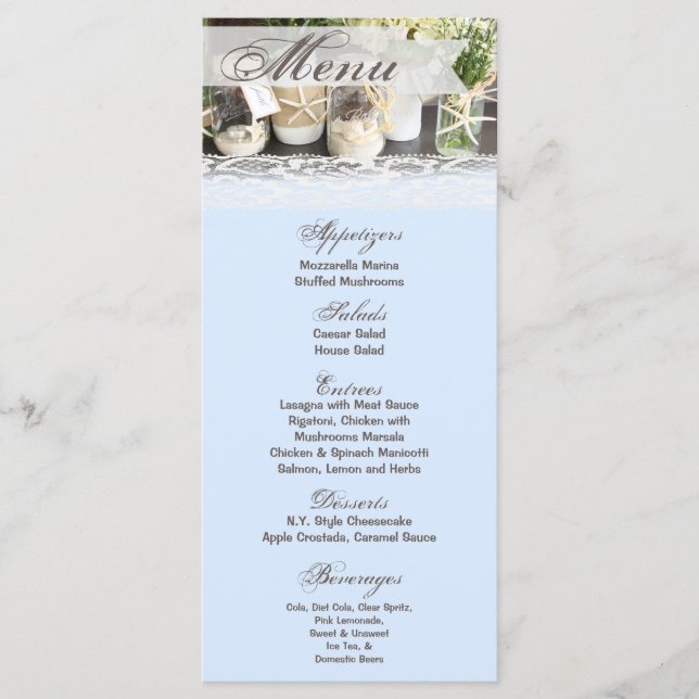 25 Menu Cards Beach Sea Mason Jars Ocean Sea Shell (Front)