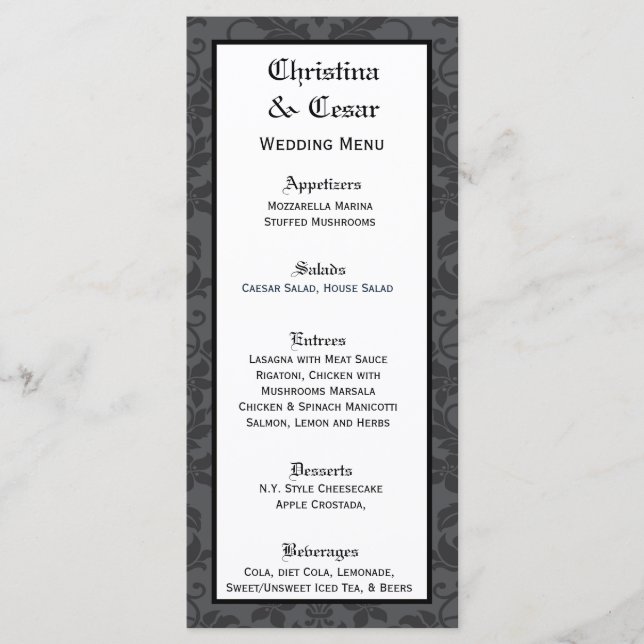 25 Menu Cards Black Gray Formal Gothic Print (Front)