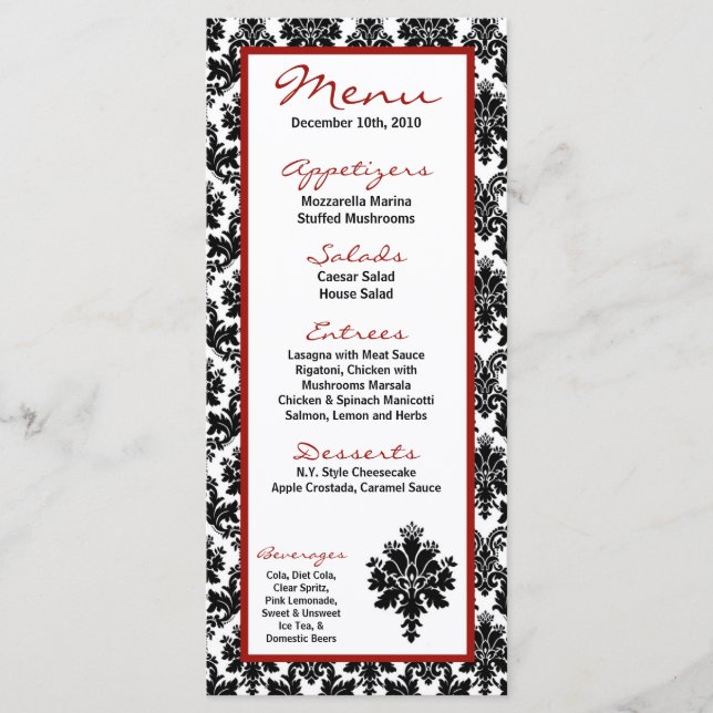 25 Menu Cards Black Red Damask Lace Print (Front)