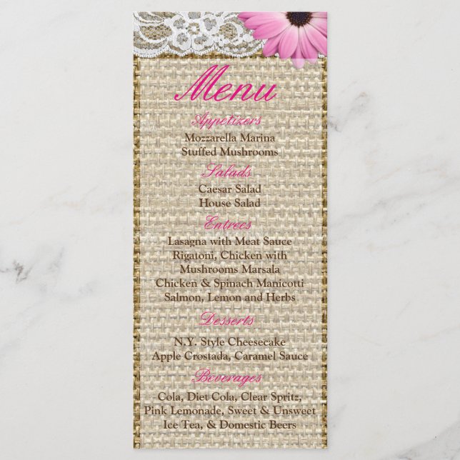 25 Menu Cards Burlap Lace Pink Daisy Flower (Front)