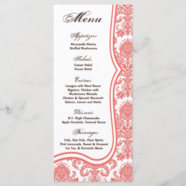 25 Menu Cards Coral Pink Damask Lace Print Pattern (Front)
