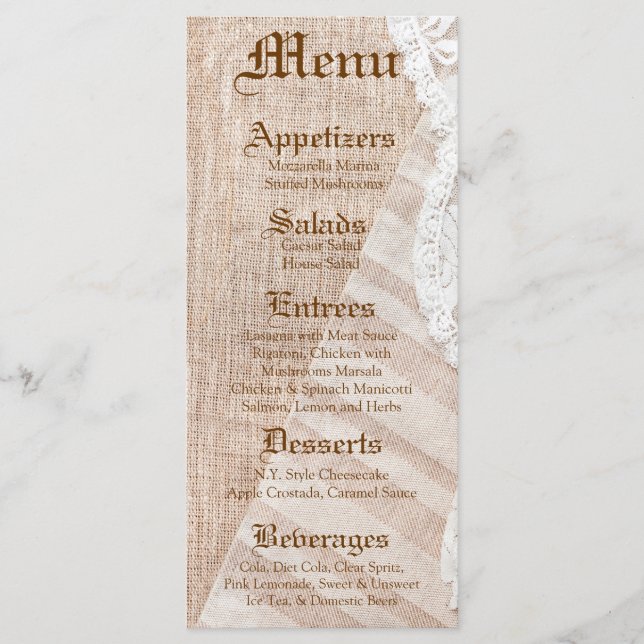 25 Menu Cards Country Lace Handkerchief Vintage (Front)