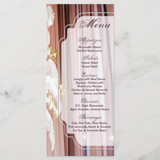 25 Menu Cards Feather Center Piece Glam Glitz (Front)