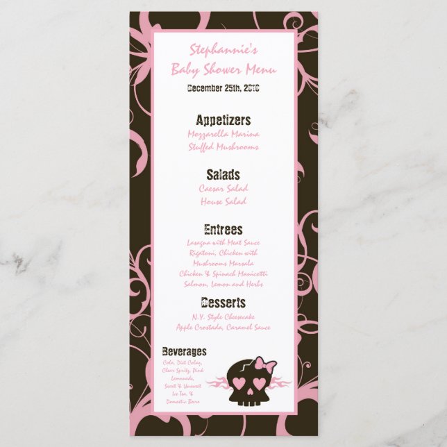 25 Menu Cards Girly Girl Pink Punk Rock Skull Flam (Front)