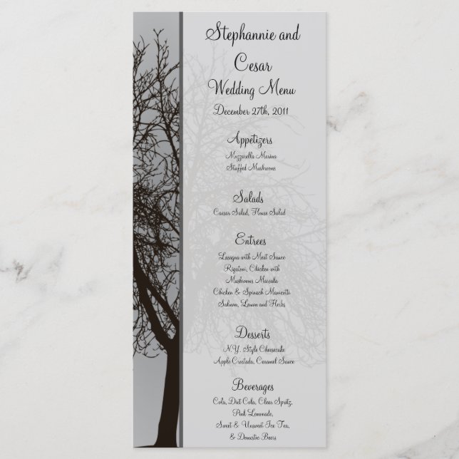 25 Menu Cards Gray Winter Trees Snow Bare (Front)