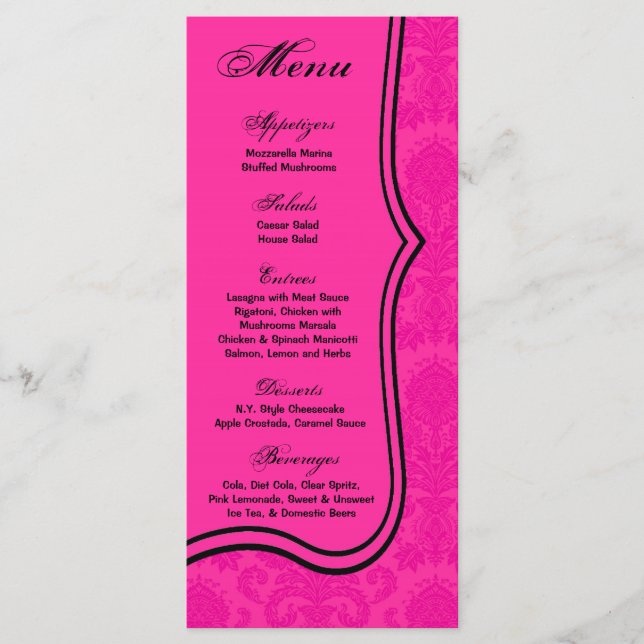 25 Menu Cards Hot Pink Black Damask Lace Print (Front)