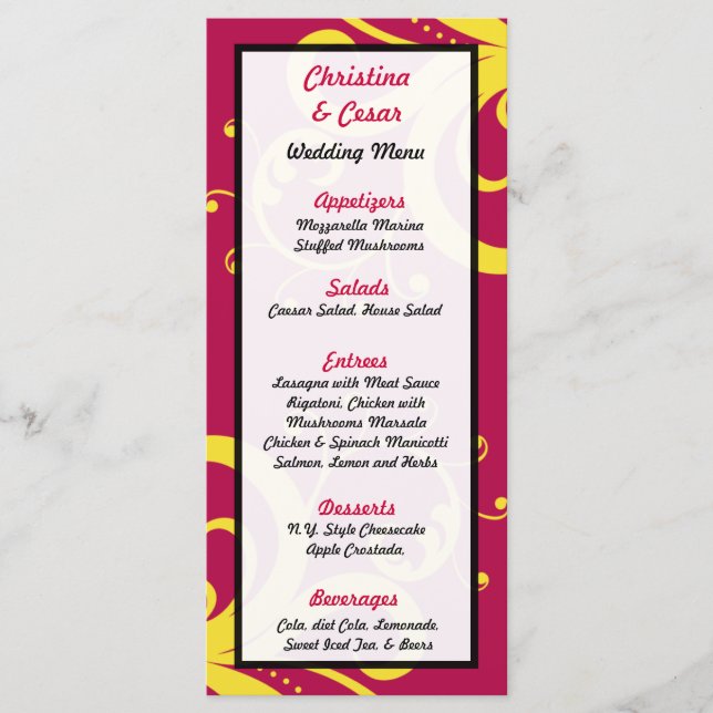 25 Menu Cards Hot Pink/Yellow Swirls Dots (Front)