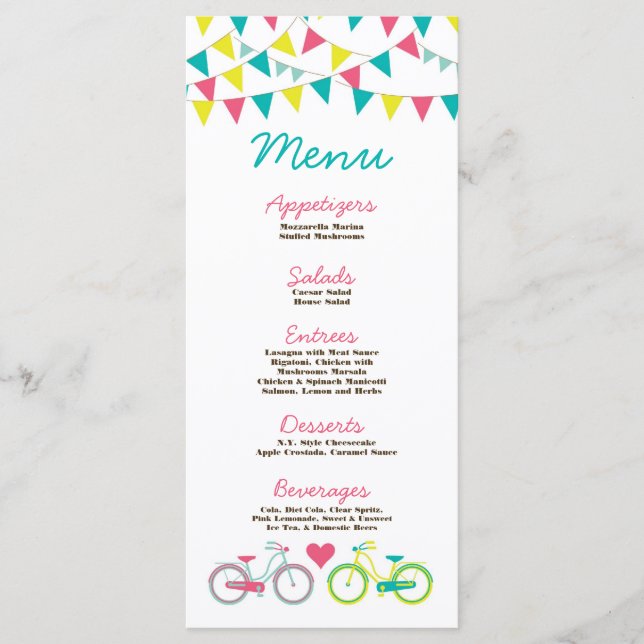 25 Menu Cards Love Lovers Bikes Bicycle Carnival (Front)