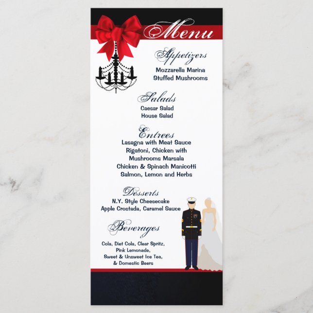 25 Menu Cards Marine Uniform Groom Bride Dress Blu (Front)