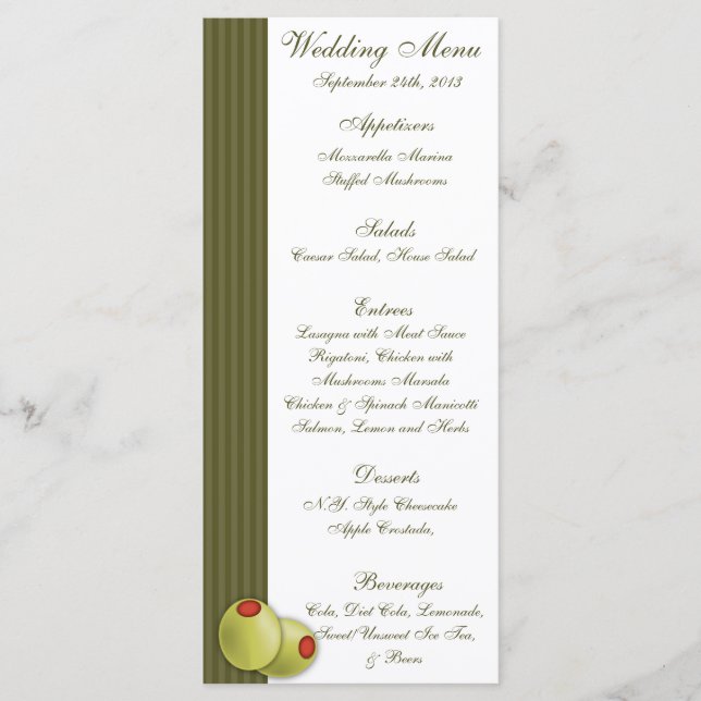 25 Menu Cards Martini Olives Green Stripes whimsic (Front)