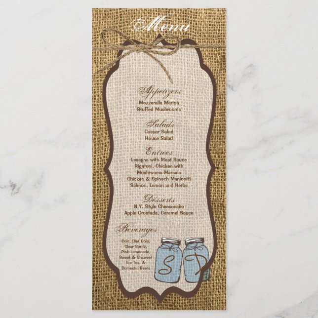 25 Menu Cards Mason Jar Burlap Country Rustic Pot (Front)