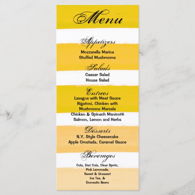 25 Menu Cards Ombre Stripe Yellow Line Fade Water (Front)