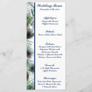 25 Menu Cards Peacock Feathers Blue/Green elegant