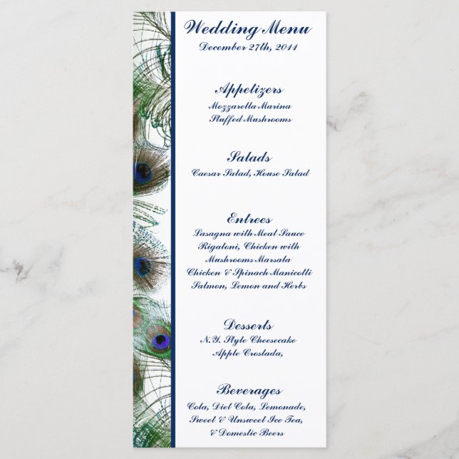 25 Menu Cards Peacock Feathers Blue/Green elegant (Front)