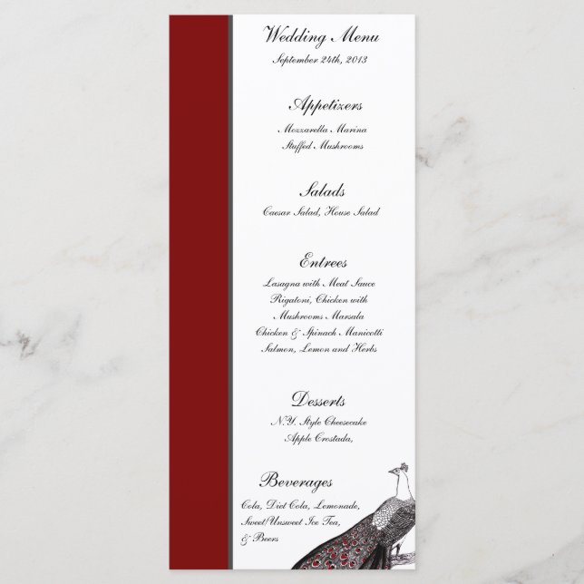 25 Menu Cards Peacock Red Black White (Front)