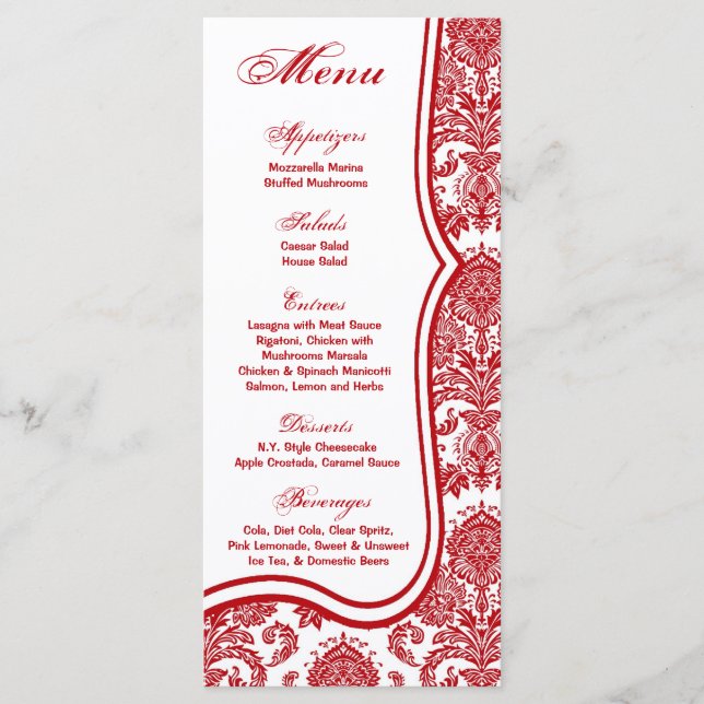 25 Menu Cards Red Crimson White Damask Lace Print (Front)